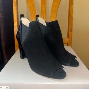 Marc Fisher Black Suede and Leather Combo Heeled Peep Toe Booties